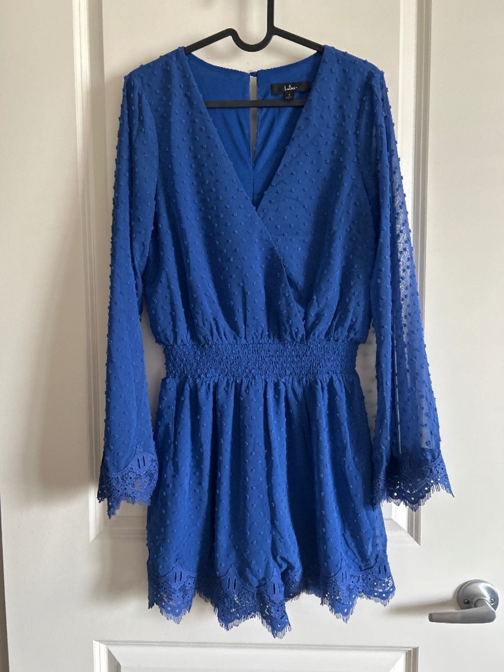 Lulus Meadowlake Blue Swiss Dot Lace Long Bell Sleeve Romper XS